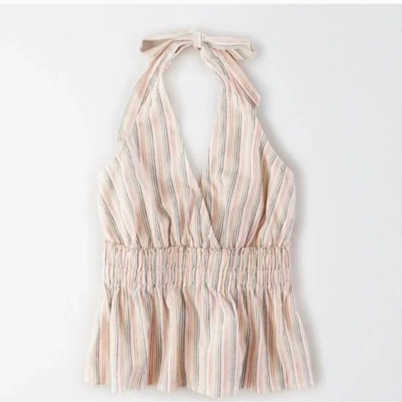 American Eagle Striped Smocked Halter Linen Top S - Picture 10 of 10